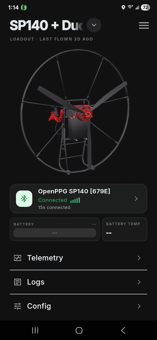 App home screen connected to an SP140 over Bluetooth