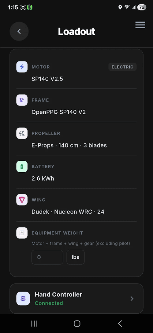 App loadout showing motor, frame, propeller, battery, and wing
