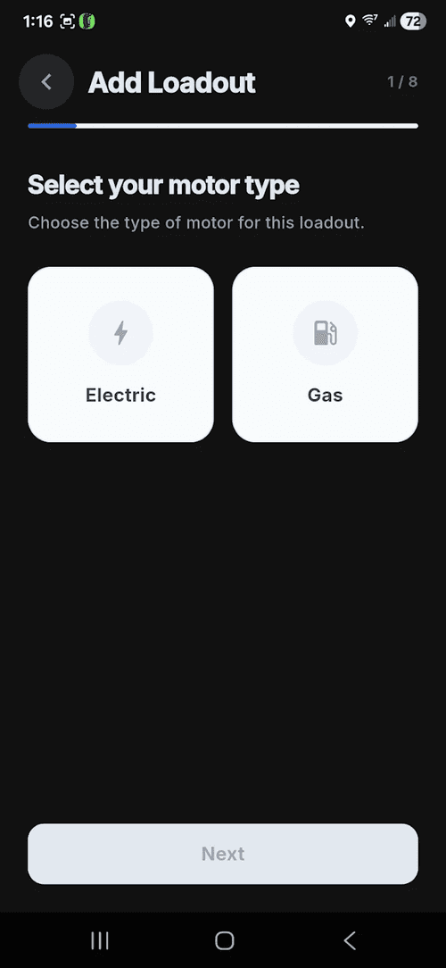 App add-loadout wizard selecting an electric or gas motor