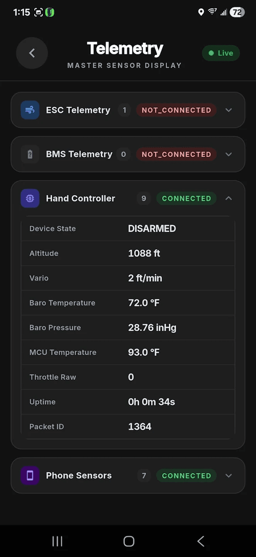 App live telemetry from the controller and phone sensors